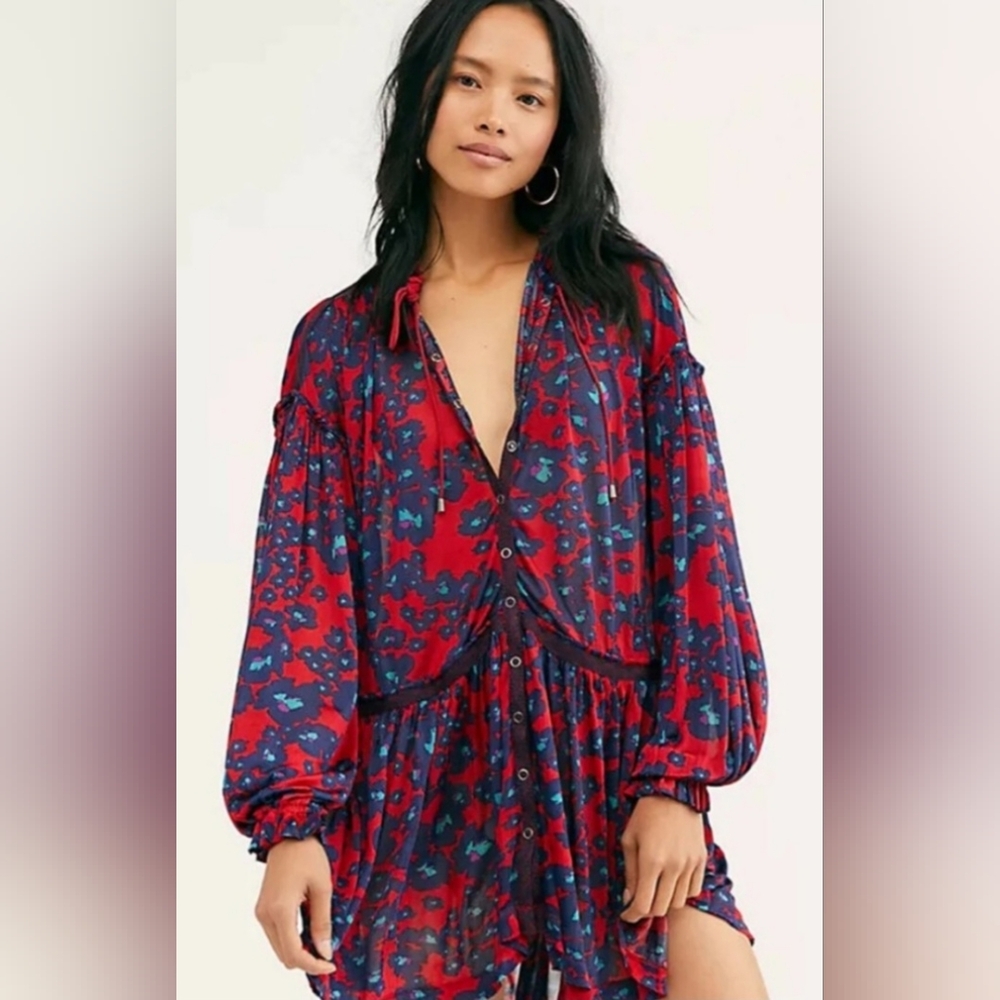 FREE PEOPLE Love Letter Dress Tunic Floral Print Ruffle Oversized Size Small